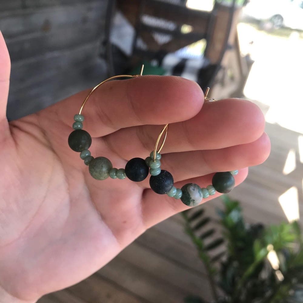 Matte Indian Agate Beaded Gold Plated Hoop Earring - Picture 5 of 8